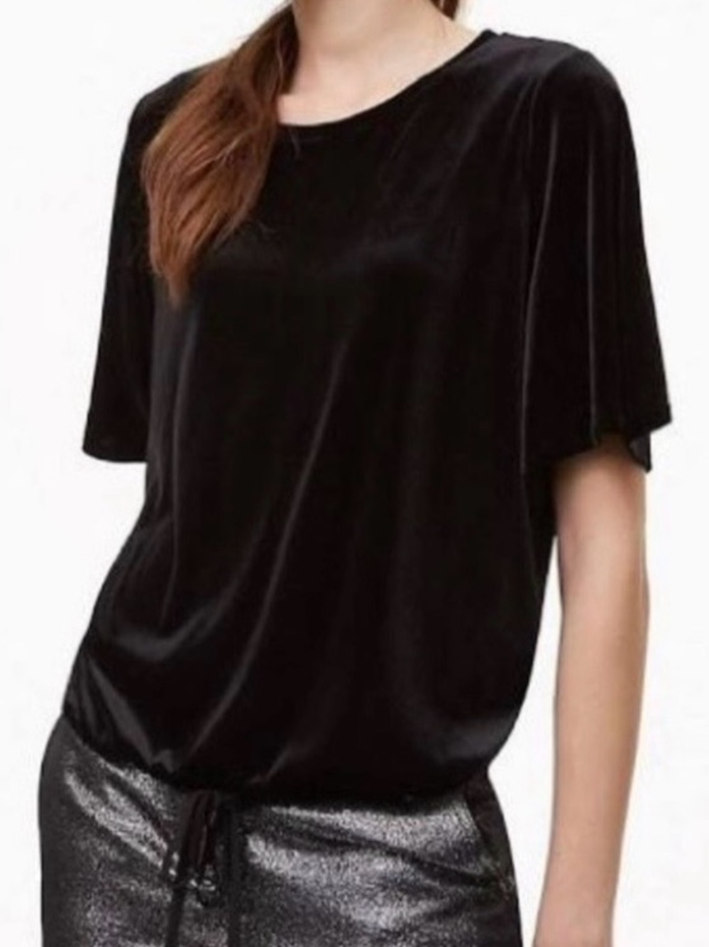 LOFT Ann Taylor NWT Black Velvet Short Flutter Sleeve Drawstring Top Size XS